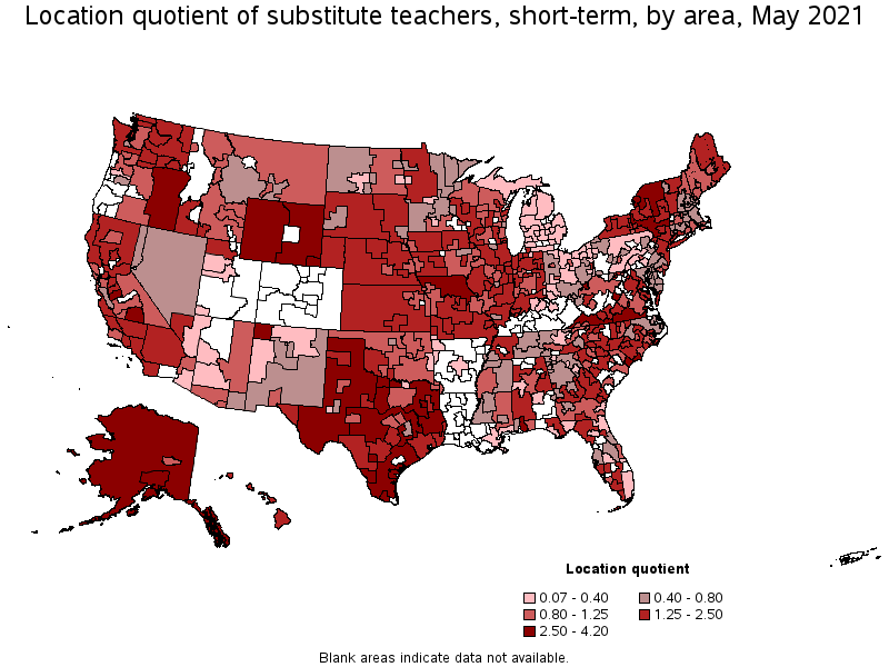 Map of location quotient of substitute teachers, short-term by area, May 2021