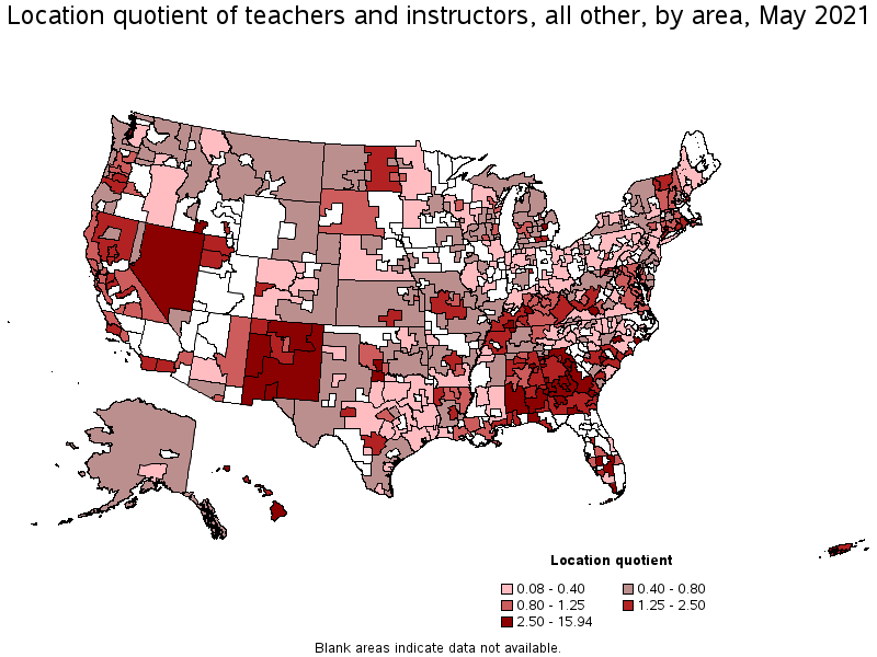 Map of location quotient of teachers and instructors, all other by area, May 2021