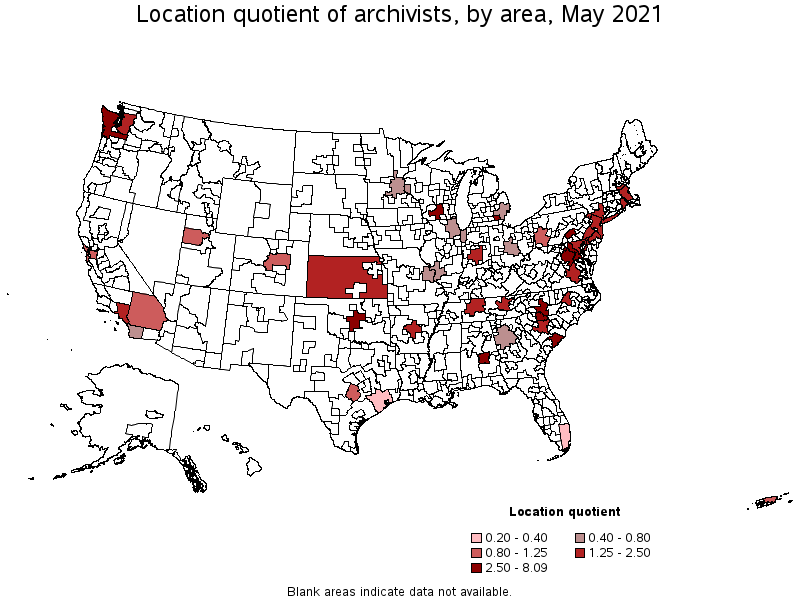 Map of location quotient of archivists by area, May 2021