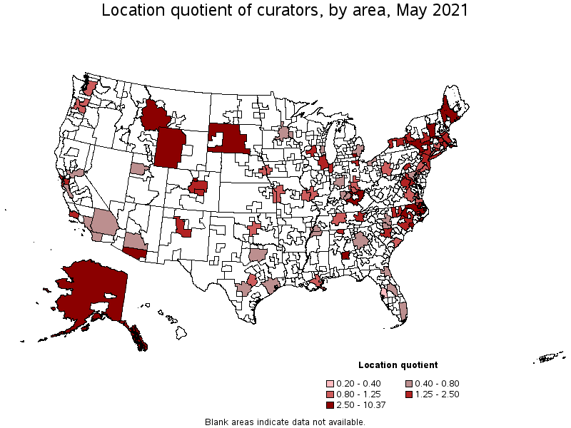 Map of location quotient of curators by area, May 2021