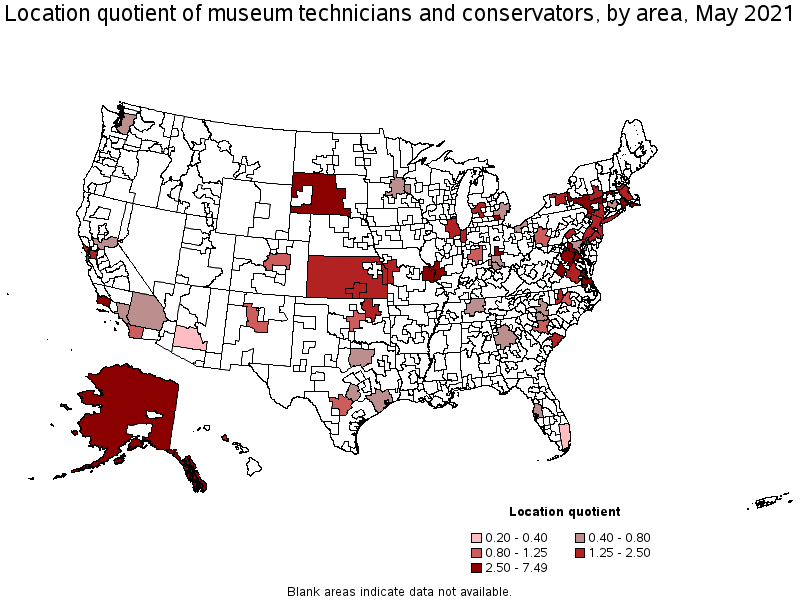 Map of location quotient of museum technicians and conservators by area, May 2021