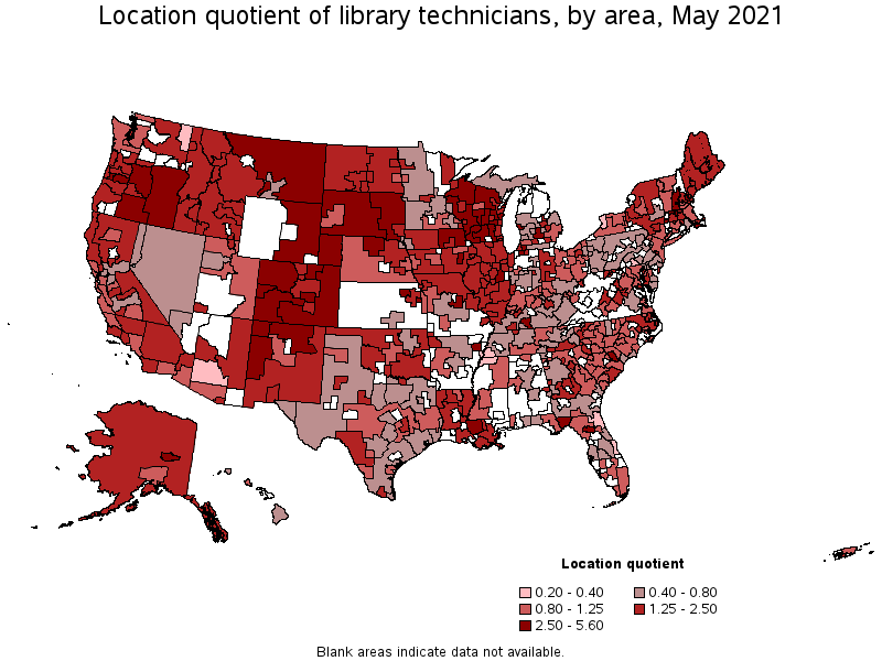 Map of location quotient of library technicians by area, May 2021