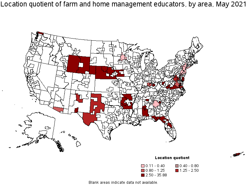 Map of location quotient of farm and home management educators by area, May 2021