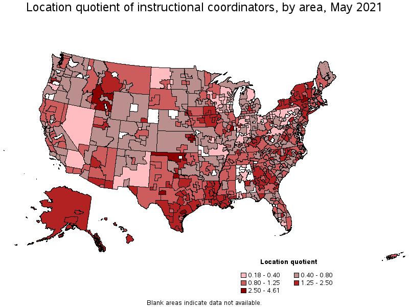 Map of location quotient of instructional coordinators by area, May 2021