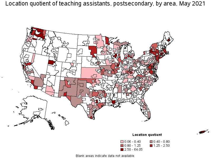 Map of location quotient of teaching assistants, postsecondary by area, May 2021
