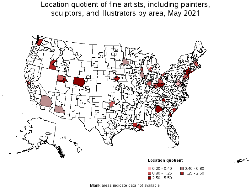 Map of location quotient of fine artists, including painters, sculptors, and illustrators by area, May 2021