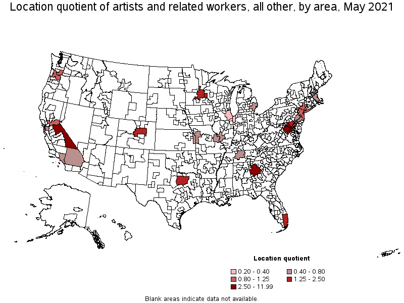 Map of location quotient of artists and related workers, all other by area, May 2021