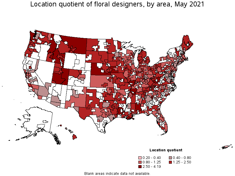 Map of location quotient of floral designers by area, May 2021