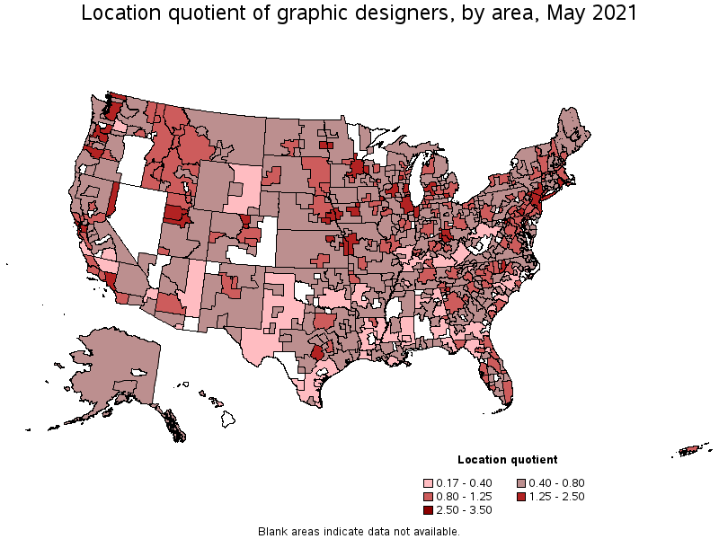 Map of location quotient of graphic designers by area, May 2021