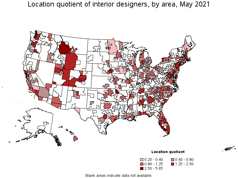 Map of location quotient of interior designers by area, May 2021