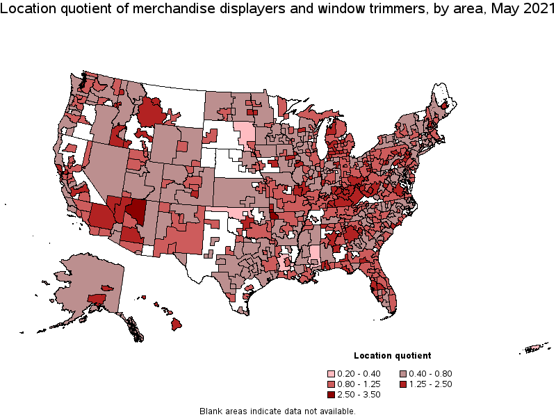 Map of location quotient of merchandise displayers and window trimmers by area, May 2021