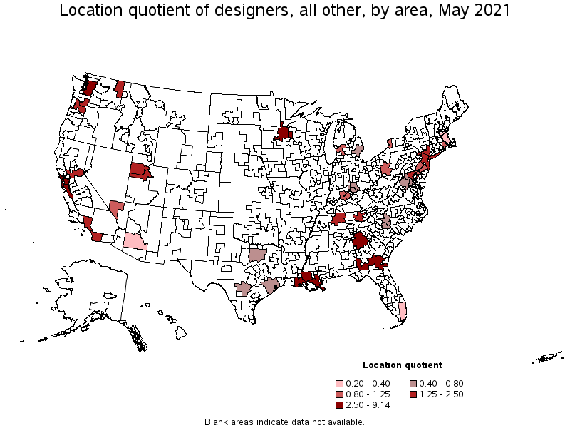 Map of location quotient of designers, all other by area, May 2021