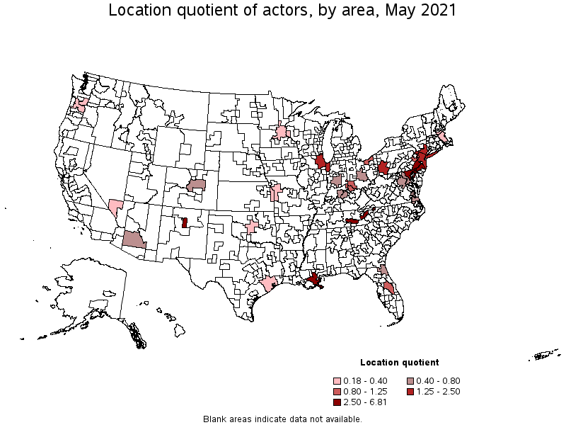 Map of location quotient of actors by area, May 2021