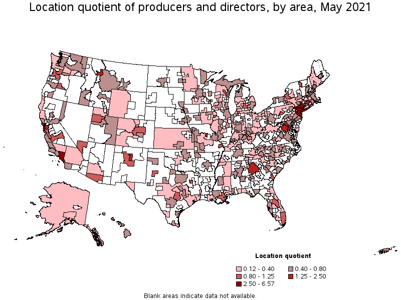 Map of location quotient of producers and directors by area, May 2021