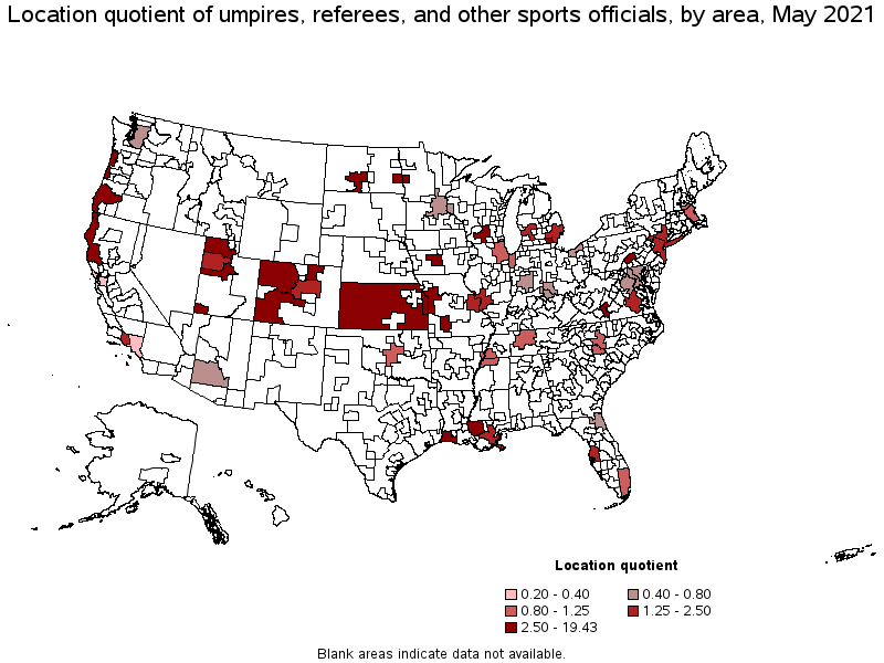 Map of location quotient of umpires, referees, and other sports officials by area, May 2021