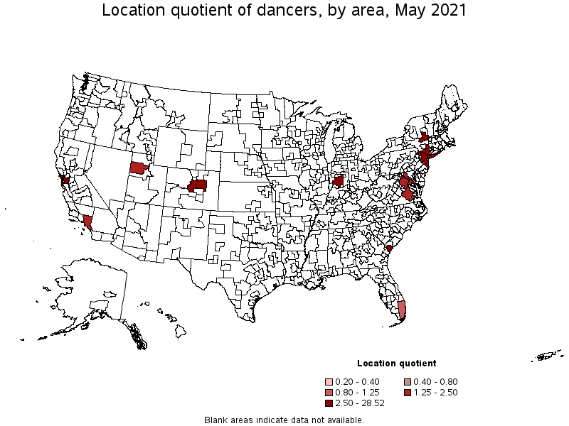 Map of location quotient of dancers by area, May 2021