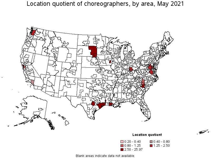 Map of location quotient of choreographers by area, May 2021