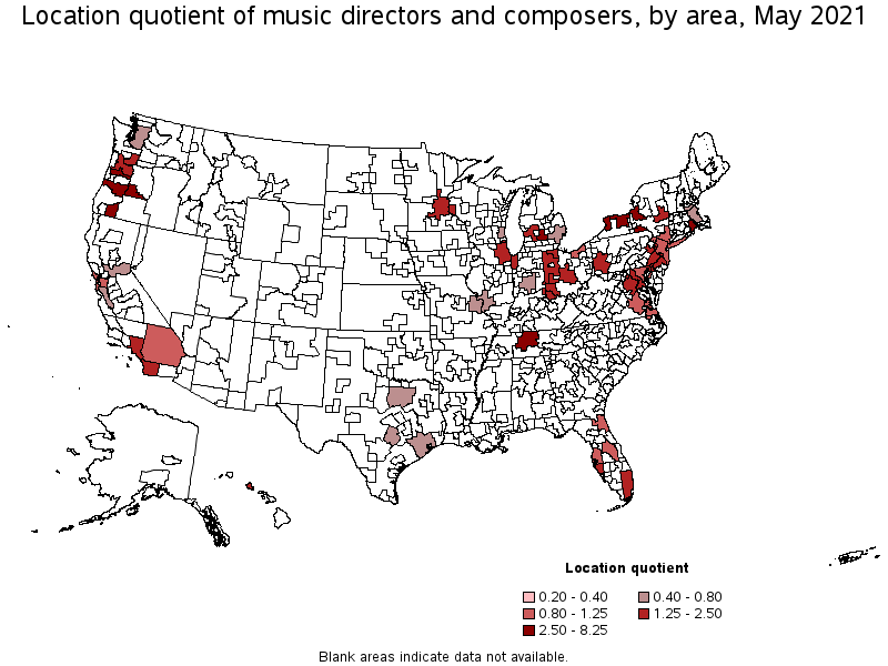 Map of location quotient of music directors and composers by area, May 2021