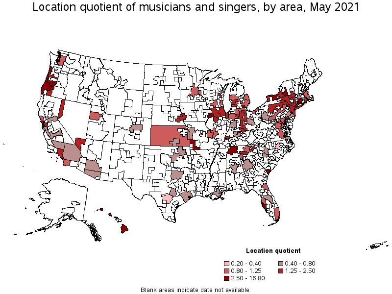 Map of location quotient of musicians and singers by area, May 2021