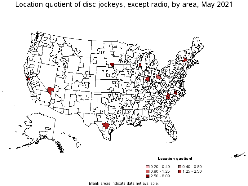 Map of location quotient of disc jockeys, except radio by area, May 2021