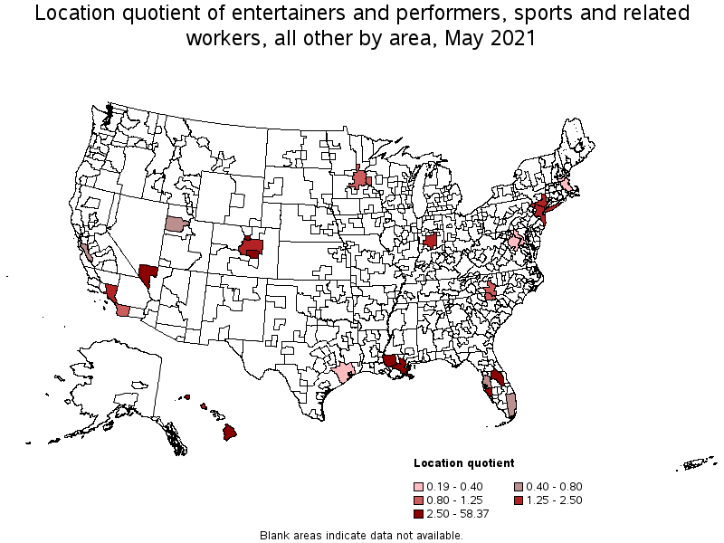 Map of location quotient of entertainers and performers, sports and related workers, all other by area, May 2021