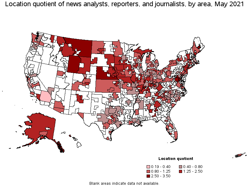 Map of location quotient of news analysts, reporters, and journalists by area, May 2021