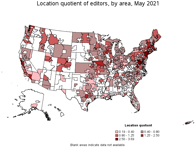Map of location quotient of editors by area, May 2021