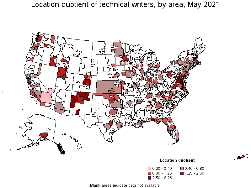 Map of location quotient of technical writers by area, May 2021