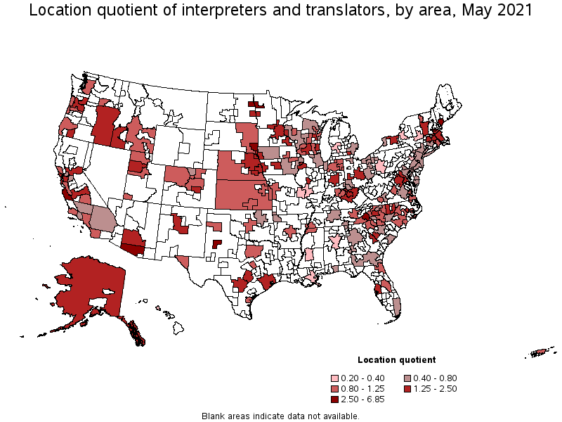 Map of location quotient of interpreters and translators by area, May 2021