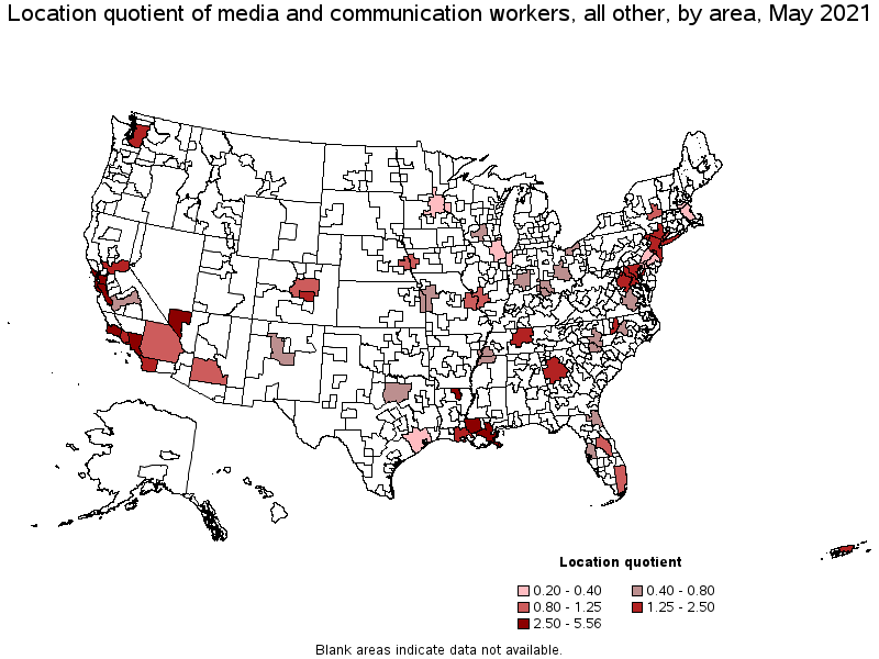 Map of location quotient of media and communication workers, all other by area, May 2021