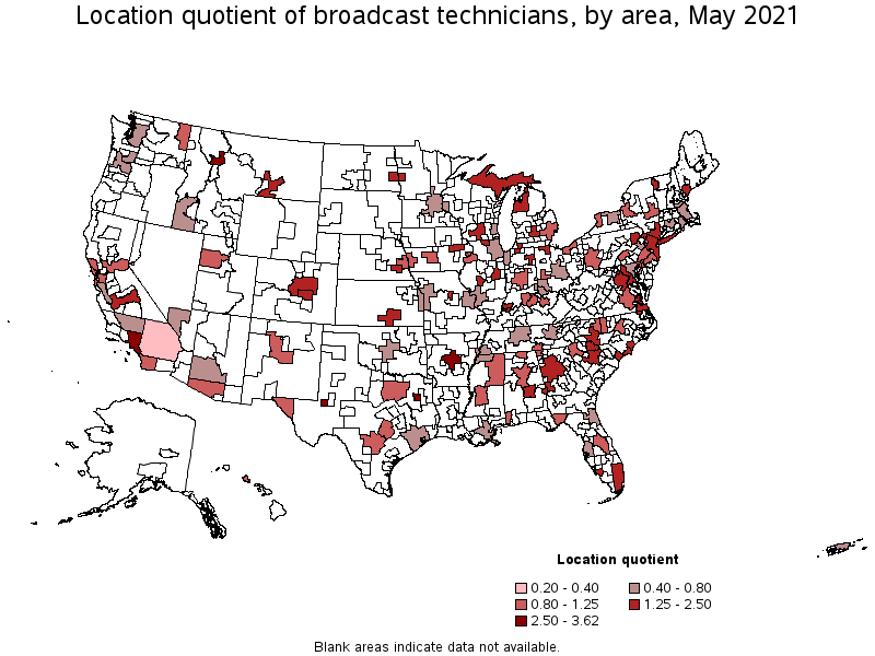 Map of location quotient of broadcast technicians by area, May 2021