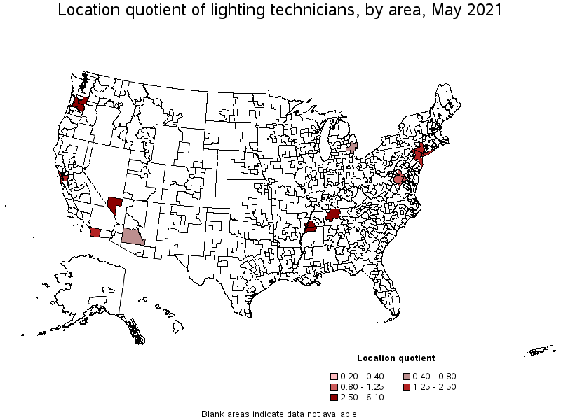 Map of location quotient of lighting technicians by area, May 2021