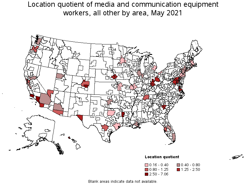 Map of location quotient of media and communication equipment workers, all other by area, May 2021