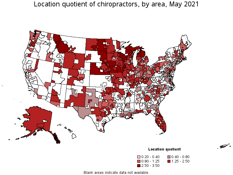 Map of location quotient of chiropractors by area, May 2021
