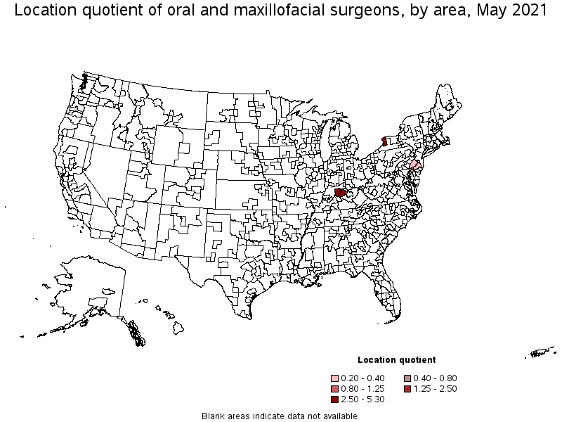 Map of location quotient of oral and maxillofacial surgeons by area, May 2021