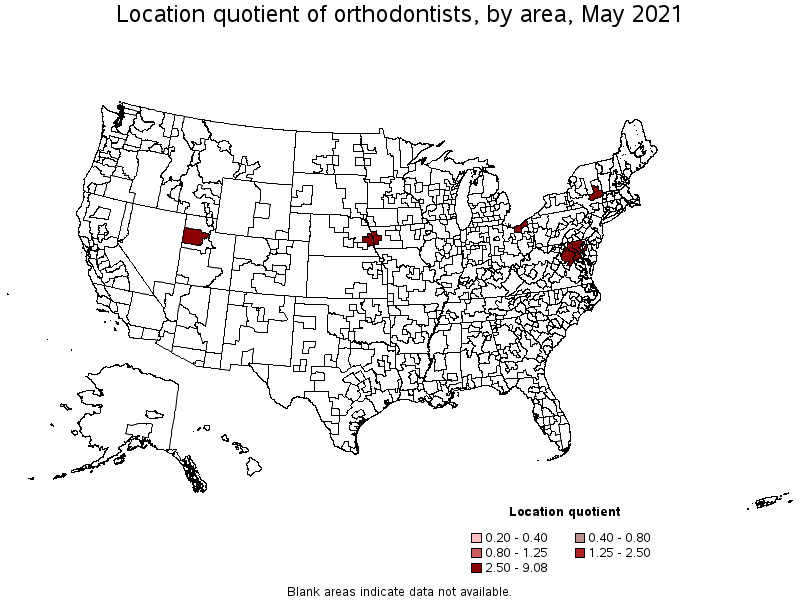 Map of location quotient of orthodontists by area, May 2021