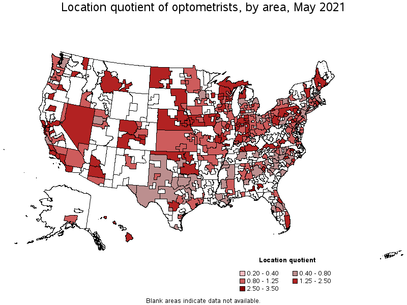 Map of location quotient of optometrists by area, May 2021