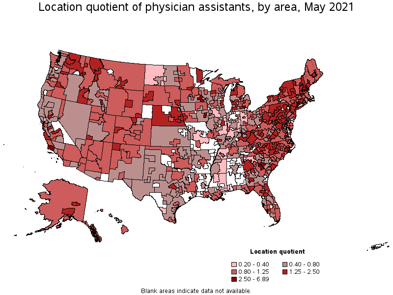 Map of location quotient of physician assistants by area, May 2021