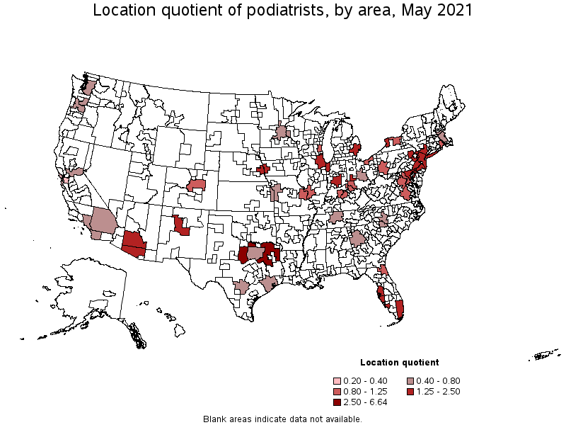 Map of location quotient of podiatrists by area, May 2021