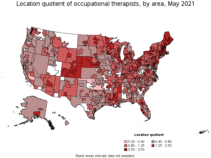Map of location quotient of occupational therapists by area, May 2021
