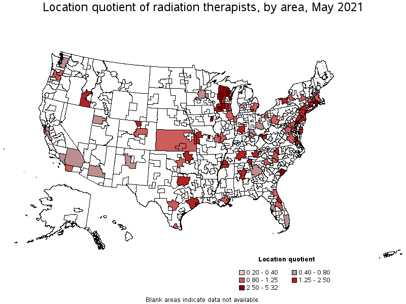 Map of location quotient of radiation therapists by area, May 2021