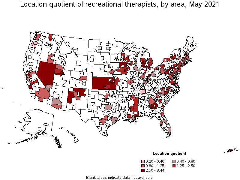 Map of location quotient of recreational therapists by area, May 2021