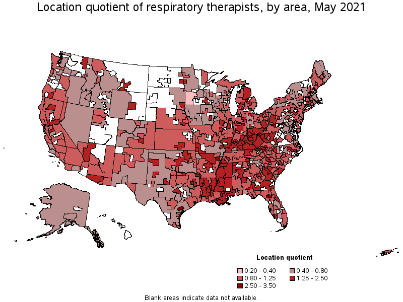 Map of location quotient of respiratory therapists by area, May 2021