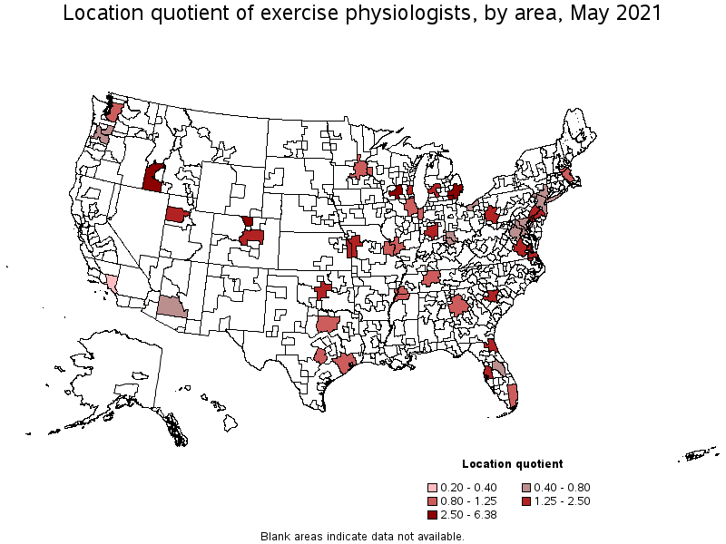 Map of location quotient of exercise physiologists by area, May 2021