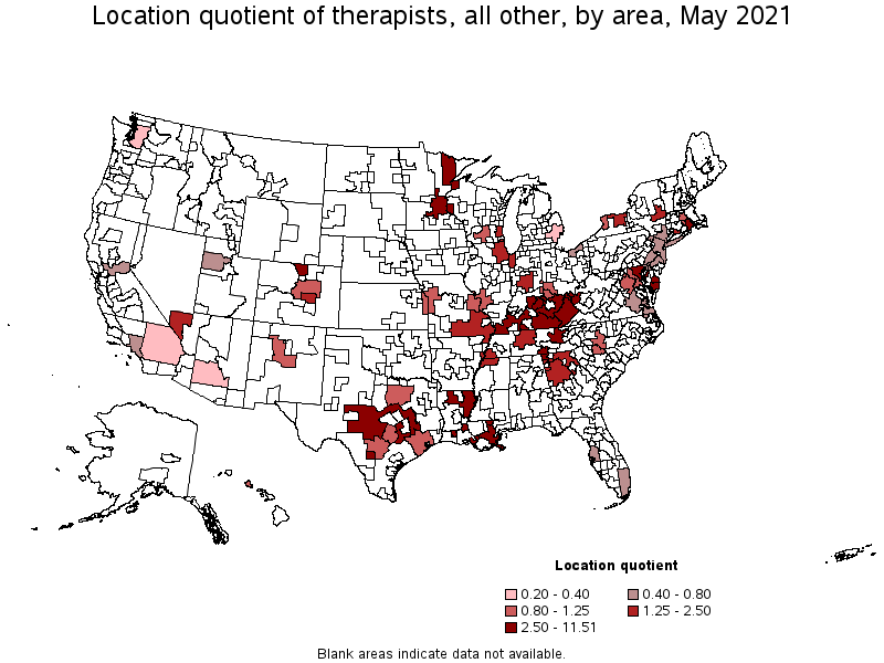 Map of location quotient of therapists, all other by area, May 2021