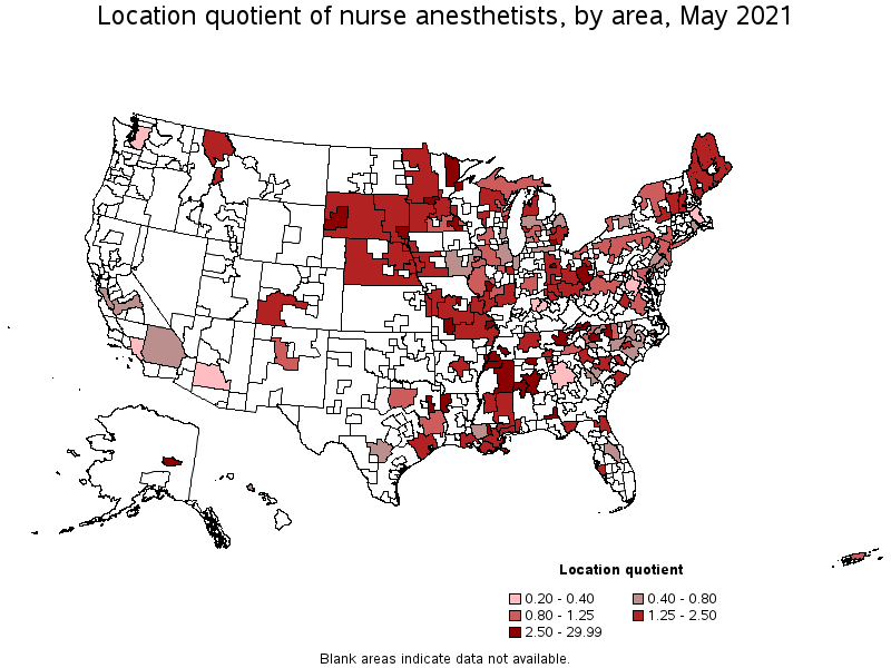 Map of location quotient of nurse anesthetists by area, May 2021