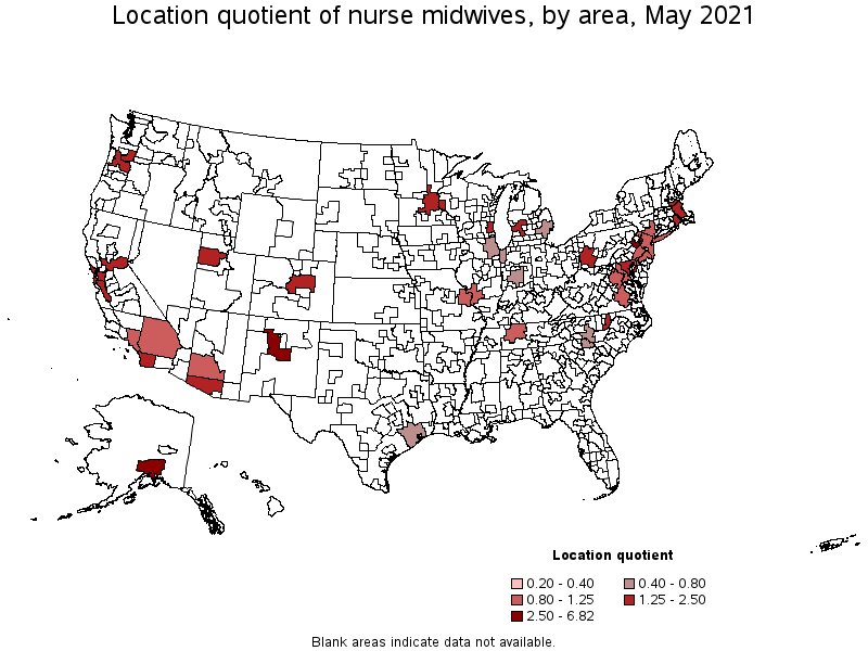 Map of location quotient of nurse midwives by area, May 2021