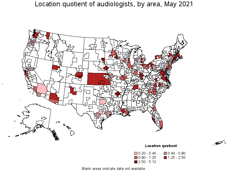 Map of location quotient of audiologists by area, May 2021