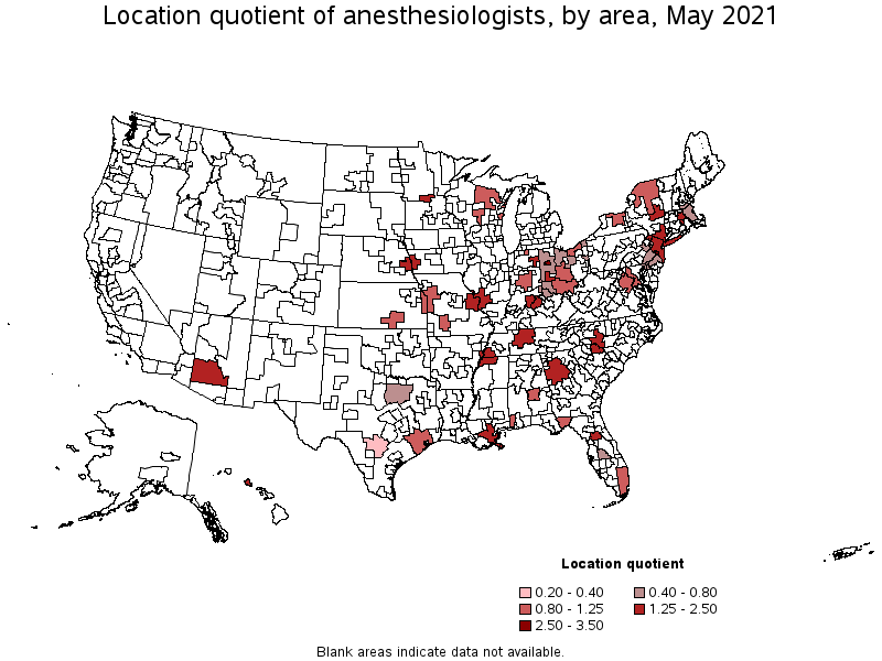 Map of location quotient of anesthesiologists by area, May 2021