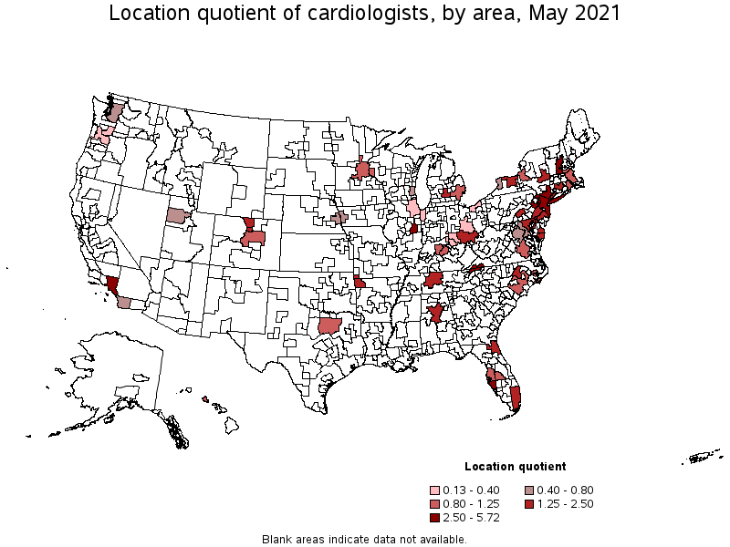 Map of location quotient of cardiologists by area, May 2021